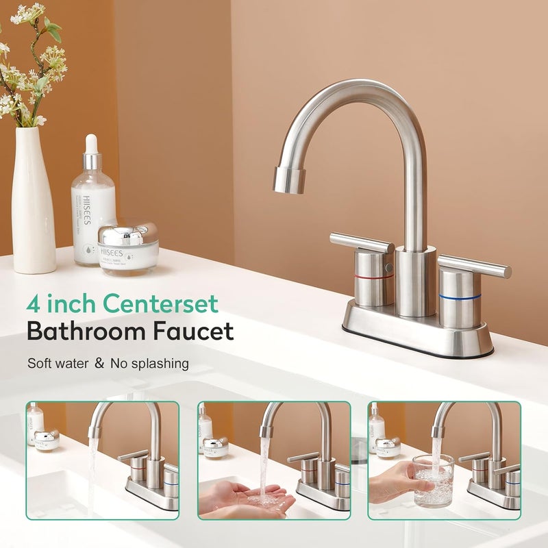 faustina Brushed Bathroom Faucet, 4 Inch Centerset Faucets for Sink 2 Holes 3 Holes，Two Handles 304 Stainless Steel Bathroom Sink Faucet with Pup up Drain and 2 cUPC Water Supply Lines for RV Vanity - Image 2